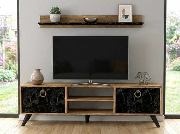 TV stolek ZEN 160 cm s nástěnnou policí, dekor ořech/černý mramor