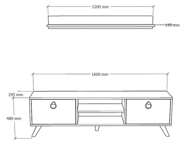 TV stolek ZEN 160 cm s nástěnnou policí, dekor ořech/černý mramor