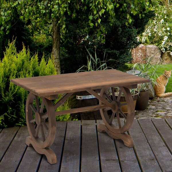 Dřevěný zahradní stůl Outsunny, venkovní stůl na terasu 110x60x65 cm s nohami ve tvaru kol, nosnost 100 kg, stůl pro venkovní terasu s povrchovou úpra