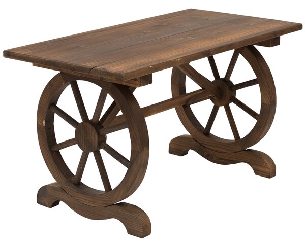 Dřevěný zahradní stůl Outsunny, venkovní stůl na terasu 110x60x65 cm s nohami ve tvaru kol, nosnost 100 kg, stůl pro venkovní terasu s povrchovou úpra