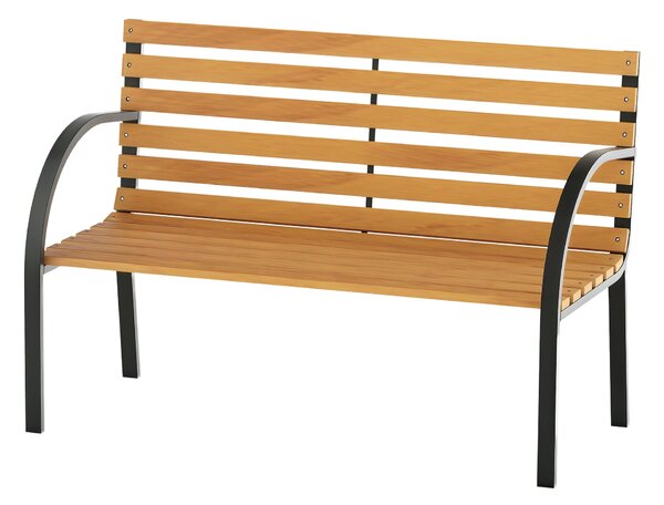 Outsunny Dvoumístná Dřevěná Zahradní Lavice 122x60x83 cm s Opěradlem a Područky, Dřevěné latě a Ocelový Rám, Nosnost 220 kg, Přírodní a Černá Barva |