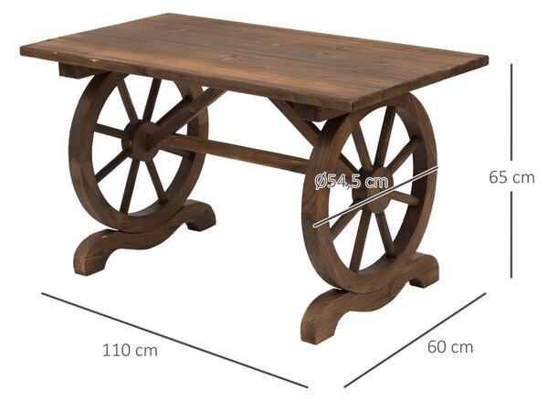 Dřevěný zahradní stůl Outsunny, venkovní stůl na terasu 110x60x65 cm s nohami ve tvaru kol, nosnost 100 kg, stůl pro venkovní terasu s povrchovou úpra