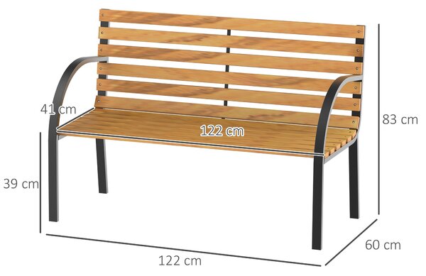 Outsunny Dvoumístná Dřevěná Zahradní Lavice 122x60x83 cm s Opěradlem a Područky, Dřevěné latě a Ocelový Rám, Nosnost 220 kg, Přírodní a Černá Barva |