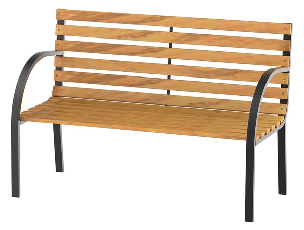 Outsunny Dvoumístná Dřevěná Zahradní Lavice 122x60x83 cm s Opěradlem a Područky, Dřevěné latě a Ocelový Rám, Nosnost 220 kg, Přírodní a Černá Barva |