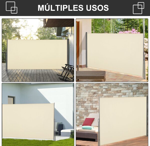 Retrakční boční markýza Outsunny 300x160 cm - Stahovací ochranná stěna, voděodolná a proti UV, chránící soukromí pro zahradu, balkon, terasu - Krémová