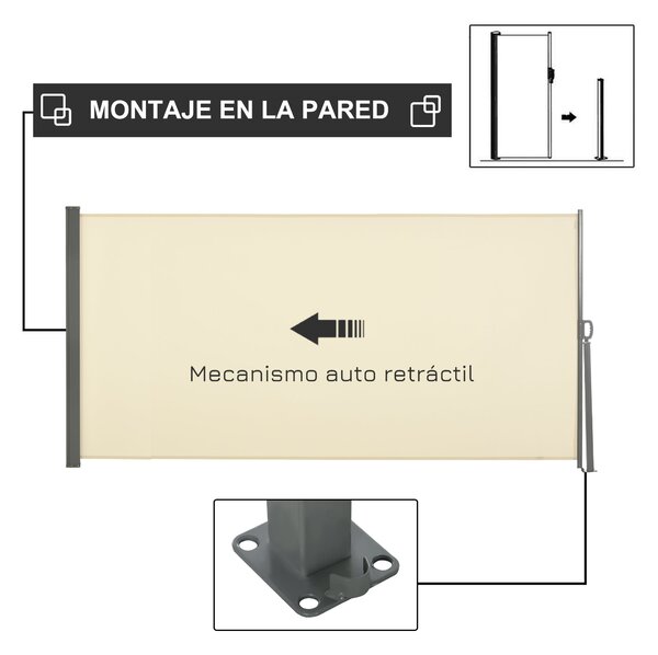 Retrakční boční markýza Outsunny 300x160 cm - Stahovací ochranná stěna, voděodolná a proti UV, chránící soukromí pro zahradu, balkon, terasu - Krémová