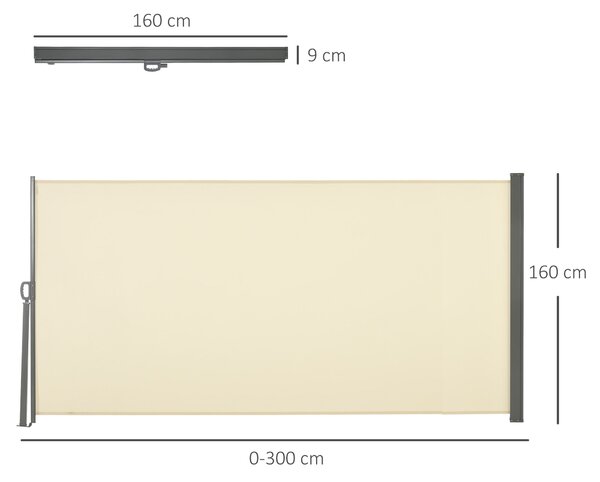 Retrakční boční markýza Outsunny 300x160 cm - Stahovací ochranná stěna, voděodolná a proti UV, chránící soukromí pro zahradu, balkon, terasu - Krémová