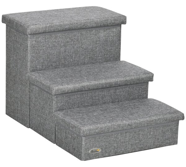 PawHut 3-krokové schůdky pro psy a kočky s otevíratelnými víky a úložným prostorem 63,5x42,5x40,5 cm Šedá | Aosom