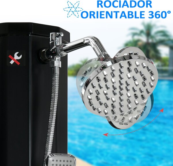 Solární sprcha Outsunny 35 L do zahrady s 2 sprchovými hlavicemi, teplá a studená voda 0-55°C pro bazén, terasu, pláž, rozměry 17,5x14,5x216 cm, černá