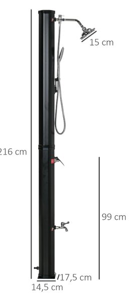 Solární sprcha Outsunny 35 L do zahrady s 2 sprchovými hlavicemi, teplá a studená voda 0-55°C pro bazén, terasu, pláž, rozměry 17,5x14,5x216 cm, černá