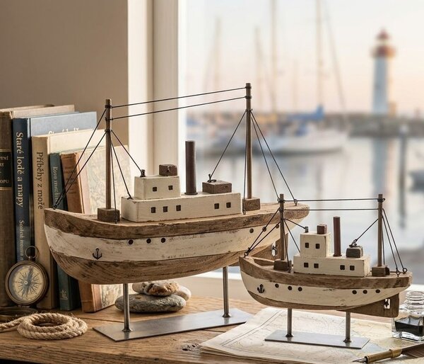 Hnědá dřevěná dekorace přírodní loďka na podstavci Boat L - 30*7*24 cm - J-Line by Jolipa
