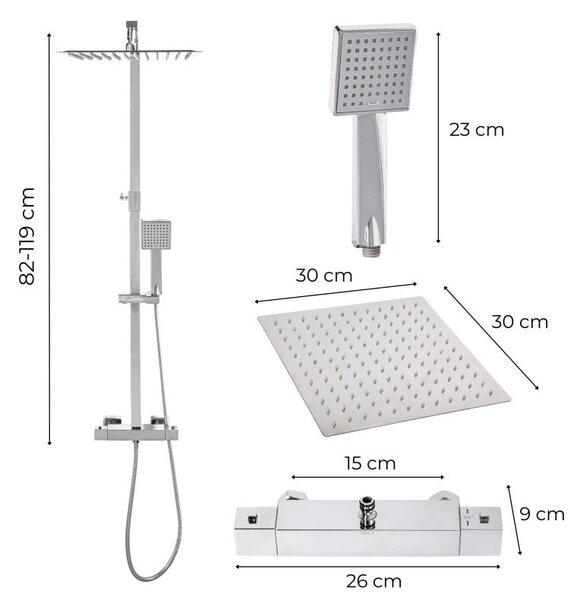 Erga Goba, sprchová sada s termostatickou baterií, dešťová sprcha 30x30cm, chromová, ERG-YKA-BP.GOBA-THERM-30-CHR