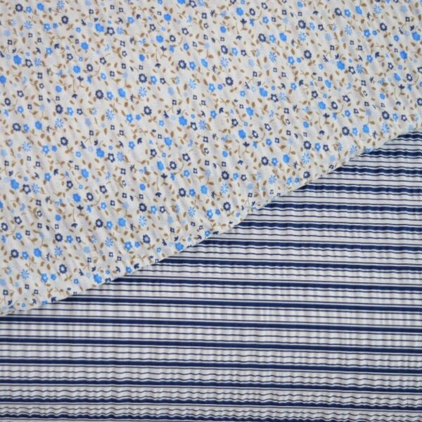 Krepové oboustranné povlečení Kvítka a pruhy modré: 140x200cm, 70x90cm