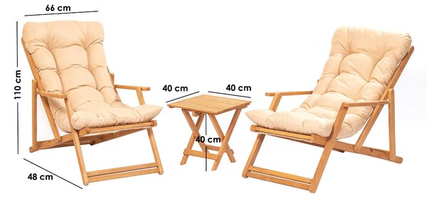 Kalune Design Sada zahradního nábytku Triol se stolem a dvěma lehátky z masivu hnědá/krémová