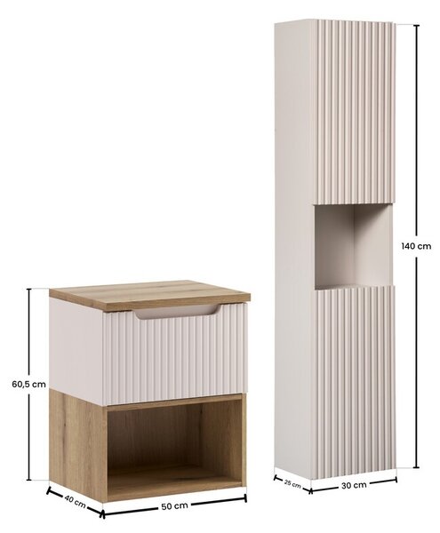 Comad Koupelnová sestava Nova Cashmere II s deskou, regálem a skříňkami 50 cm kašmírová/dub coast evoke