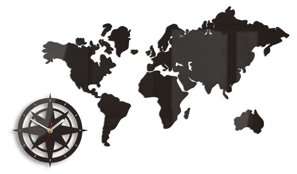 Moderní nástěnné hodiny WORLD MAP WENGE (nalepovací hodiny na stěnu)