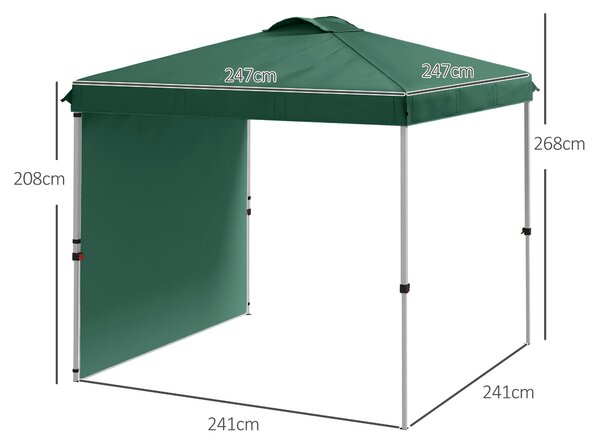Skládací altán Outsunny 2,5x2,5 m s 1 boční stěnou, nastavitelná výška ve 3 úrovních, UV ochrana, voděodolný a s písečnými pytli - zelený altán pro ve