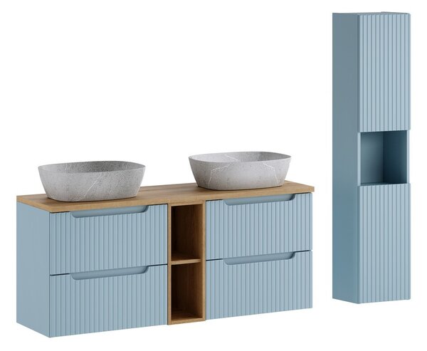 Comad Koupelnová sestava Nova Denim s deskou, skříňkami a umyvadly 140 cm modrá/dub coast evoke