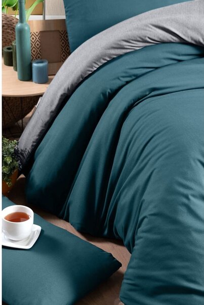 Bavlněné povlečení na jednolůžko/prodloužené s prostěradlem v petrolejové barvě/šedé 160x220 cm – Mila Home