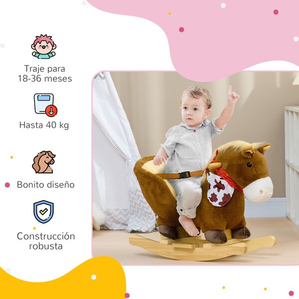 HOMCOM Houpací kůň pro děti 18-36 měsíců s dětskými zvuky, bezpečnostním pásem, řídítky a podnožkou, nosnost 40 kg, 60x33x50 cm, hnědý | Aosom