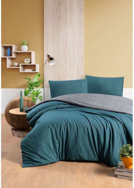 Bavlněné povlečení na jednolůžko/prodloužené s prostěradlem v petrolejové barvě/šedé 160x220 cm – Mila Home
