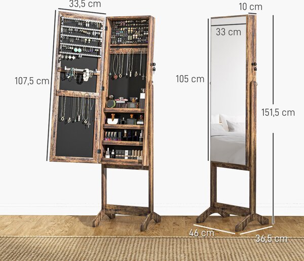 HOMCOM Zrcadlový Šperkový Armoire s Plnou Délkou, 3 Nastavitelné Úhly, Magnetický Zámek, Organizér Šperků se Šuplíky pro Náušnice, Prsteny a Náhrdelní