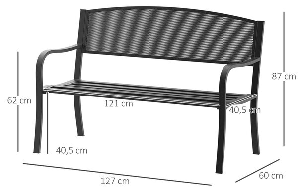 Outsunny 2-místná zahradní lavička s ocelovým síťovým opěradlem, nosnost 240 kg, pro terasu, balkon 127x60x87 cm černá | Aosom