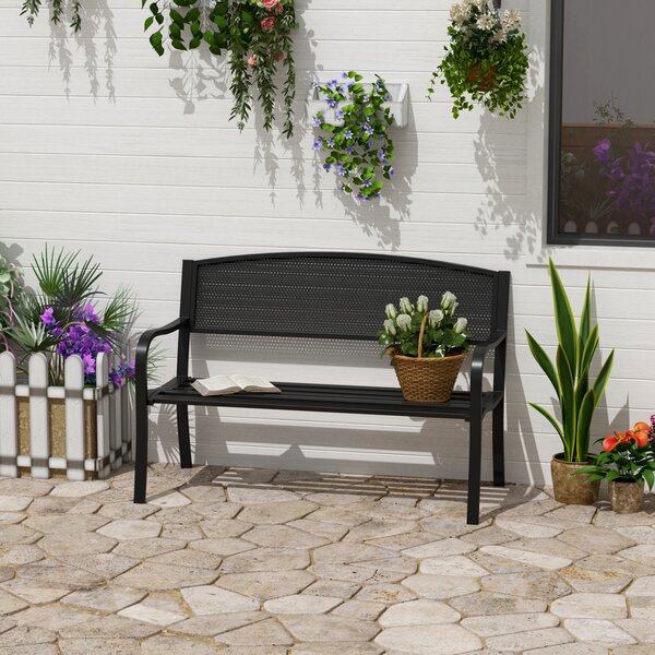 Outsunny 2-místná zahradní lavička s ocelovým síťovým opěradlem, nosnost 240 kg, pro terasu, balkon 127x60x87 cm černá | Aosom