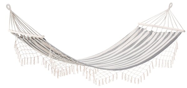 Pohodlná závěsná houpací síť Outsunny 200x100 cm se dřevěnými tyčemi, nosnost 120 kg, na terasu, balkon nebo kempování, šedá a krémová | Aosom