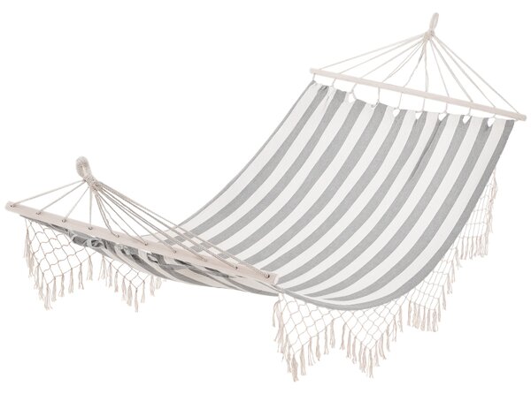 Pohodlná závěsná houpací síť Outsunny 200x100 cm se dřevěnými tyčemi, nosnost 120 kg, na terasu, balkon nebo kempování, šedá a krémová | Aosom