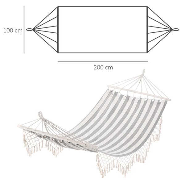 Pohodlná závěsná houpací síť Outsunny 200x100 cm se dřevěnými tyčemi, nosnost 120 kg, na terasu, balkon nebo kempování, šedá a krémová | Aosom