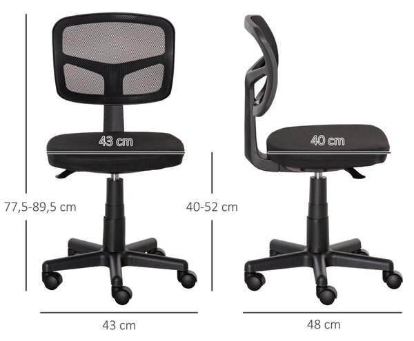 Vinsetto Ergonomická síťová kancelářská židle 360° otočná s nastavovací výškou, prodyšným bederním opěradlem a bezpodmínečnými kolečky 43x48x77,5-89,5