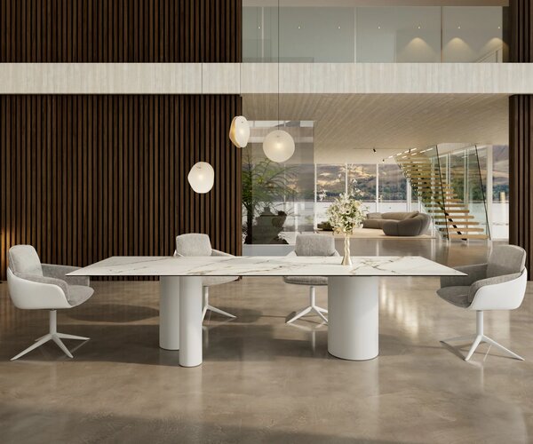 DELIFE Jídelní stůl Edge 300x100 keramika Calacatta Luxe bílá-zlatá-šedá Troa kov bílá