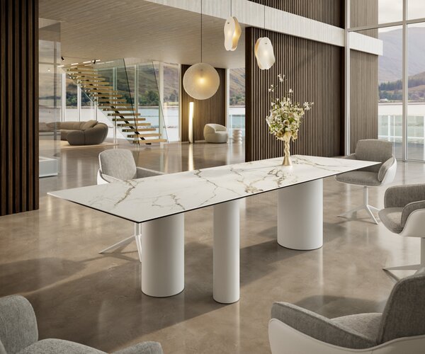 DELIFE Jídelní stůl Edge 300x100 keramika Calacatta Luxe bílá-zlatá-šedá Troa kov bílá