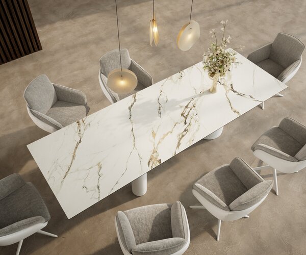 DELIFE Jídelní stůl Edge 300x100 keramika Calacatta Luxe bílá-zlatá-šedá Troa kov bílá