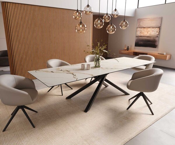DELIFE Jídelní stůl Edge 300x100 keramika Calacatta Luxe bílá-zlatá-šedá křížová podnož hranatý černý