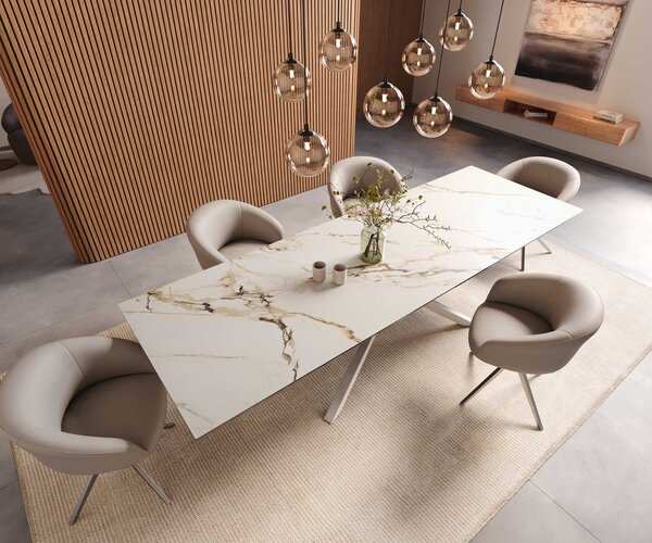 DELIFE Jídelní stůl Edge 300x100 keramika Calacatta Luxe bílá zlatá šedá křížová podnož nerezová ocel