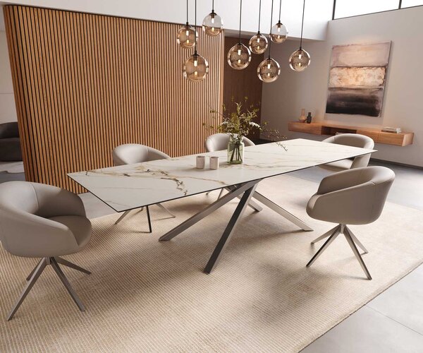 DELIFE Jídelní stůl Edge 300x100 keramika Calacatta Luxe bílá zlatá šedá křížová podnož nerezová ocel