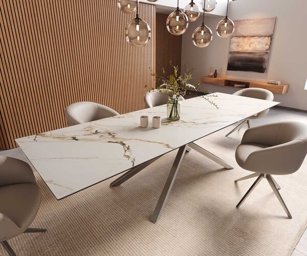 DELIFE Jídelní stůl Edge 300x100 keramika Calacatta Luxe bílá zlatá šedá křížová podnož nerezová ocel