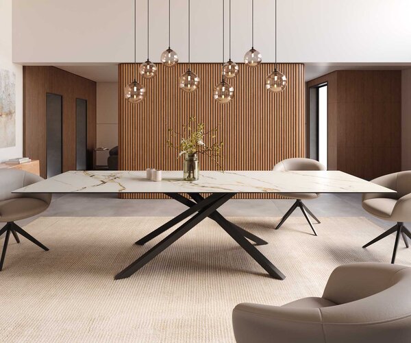 DELIFE Jídelní stůl Edge 300x100 keramika Calacatta Luxe bílá-zlatá-šedá křížová podnož hranatý černý