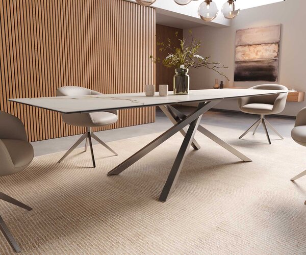DELIFE Jídelní stůl Edge 300x100 keramika Calacatta Luxe bílá zlatá šedá křížová podnož nerezová ocel