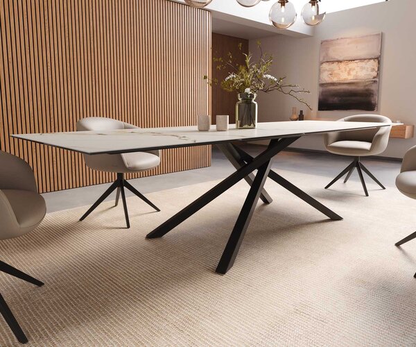 DELIFE Jídelní stůl Edge 300x100 keramika Calacatta Luxe bílá-zlatá-šedá křížová podnož hranatý černý