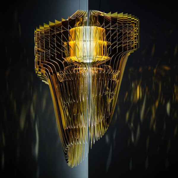 Slamp Aria S gold, závěsný světelný objekt od Zaha Hadid, 2x E27 + 7W LED, délka 75cm