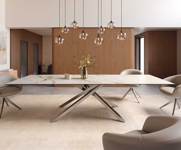 DELIFE Jídelní stůl Edge 300x100 keramika Calacatta Luxe bílá zlatá šedá křížová podnož nerezová ocel