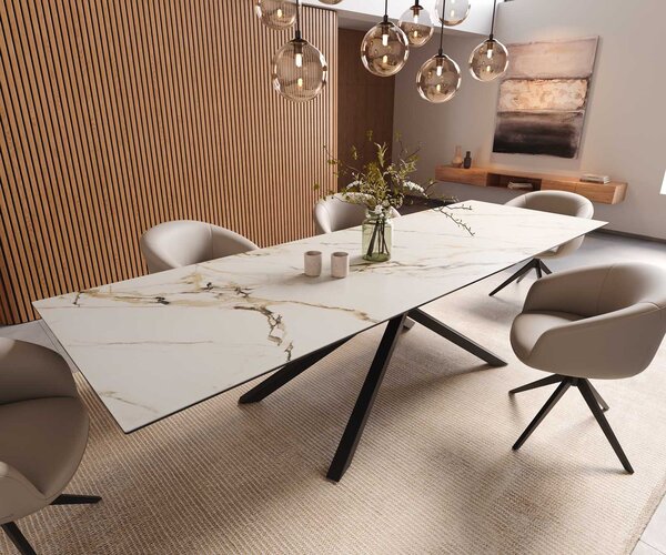 DELIFE Jídelní stůl Edge 300x100 keramika Calacatta Luxe bílá-zlatá-šedá křížová podnož hranatý černý