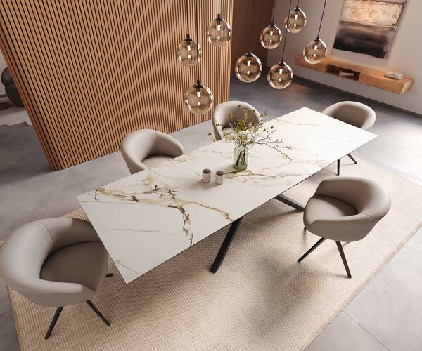 DELIFE Jídelní stůl Edge 300x100 keramika Calacatta Luxe bílá-zlatá-šedá křížová podnož hranatý černý