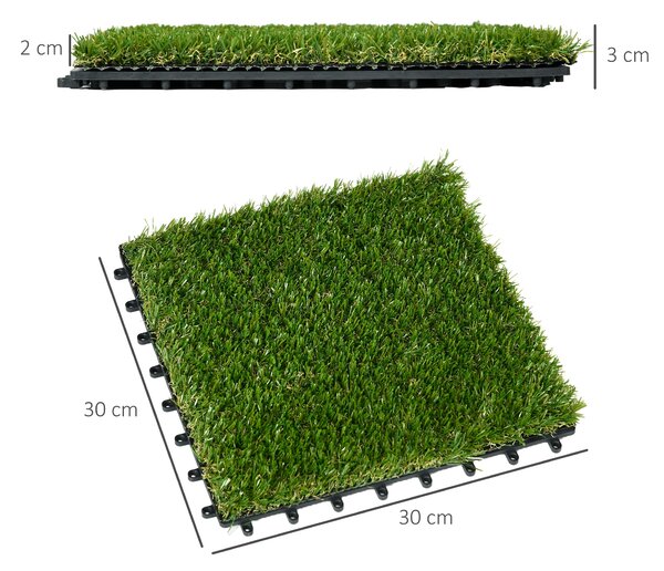 Outsunny 10-dílný umělý trávník 30x30 cm s výškou trávy 20 mm, odolný proti UV záření, pro zahradu, terasu a balkon, tmavě zelený | Aosom