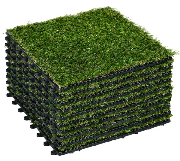 Outsunny 10-dílný umělý trávník 30x30 cm s výškou trávy 20 mm, odolný proti UV záření, pro zahradu, terasu a balkon, tmavě zelený | Aosom