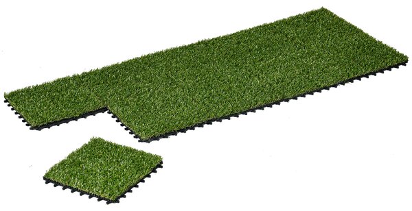 Outsunny 10-dílný umělý trávník 30x30 cm s výškou trávy 20 mm, odolný proti UV záření, pro zahradu, terasu a balkon, tmavě zelený | Aosom