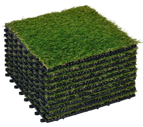 Outsunny 10-dílný umělý trávník 30x30 cm s výškou trávy 20 mm, odolný proti UV záření, pro zahradu, terasu a balkon, tmavě zelený | Aosom